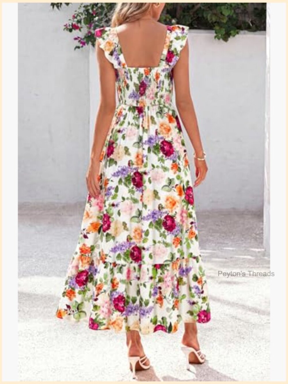 Ruffle Sleeve Square Neck Floral Boho Midi Dress Smocked Backless Tiered - Picture 5 of 7